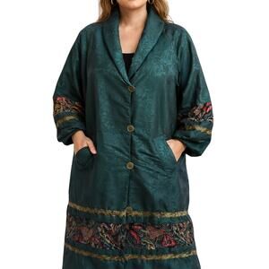 Vintage 80s Women’s XL OS International Green Rain Coat Floral Trim Midi